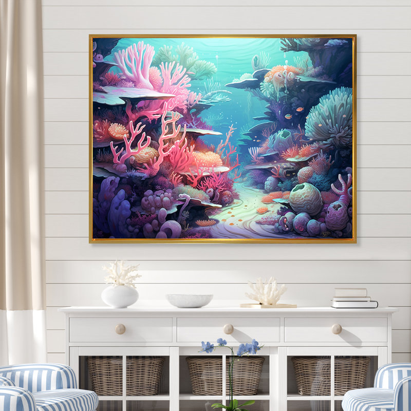 Turquoise et rose sous-marin - Plage et océan, impressions sur toile, Cadre flottant doré, H 30 po x l 40 po x P 1,5 po