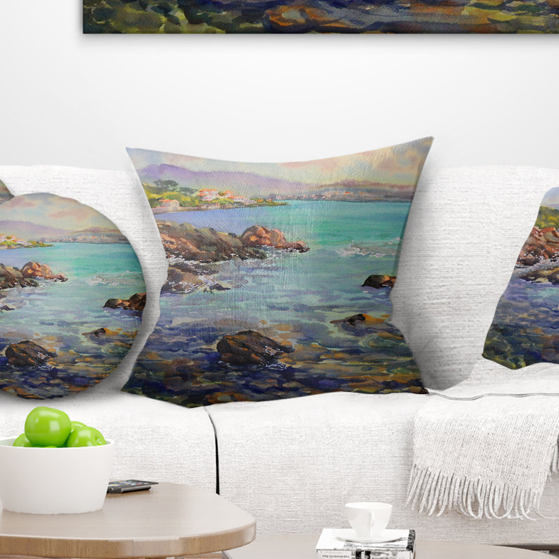 Peinture, oreiller Cote d Azur, France, 18" x 18", Coussin décoratif