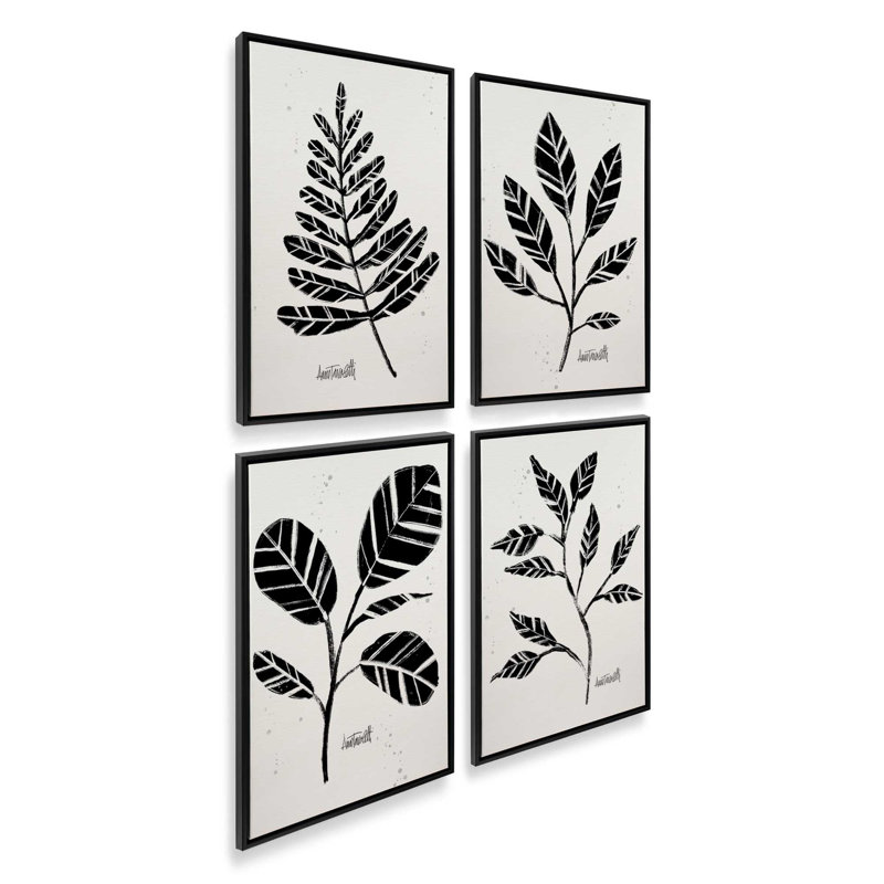 Ensemble de 4 botaniques noirs et blancs, Cadre flottant noir satiné, H 31 po x l 84 po