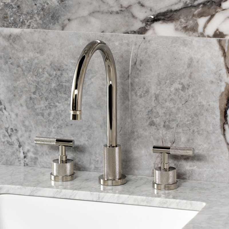 Kingston Brass Convergent Two-Handle 3-Hole Deck Mount Widespread Bathroom Faucet With Knurled Handle And Brass Pop-Up