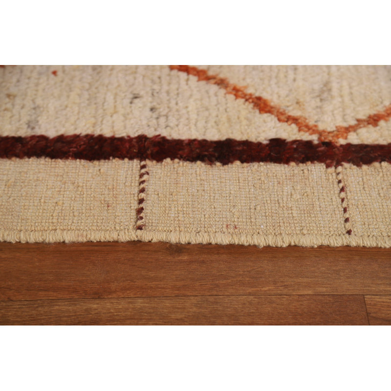 Tapis beige en laine noué à la main de conception unique 9 pi 5 po x 12 pi 9 po New Age