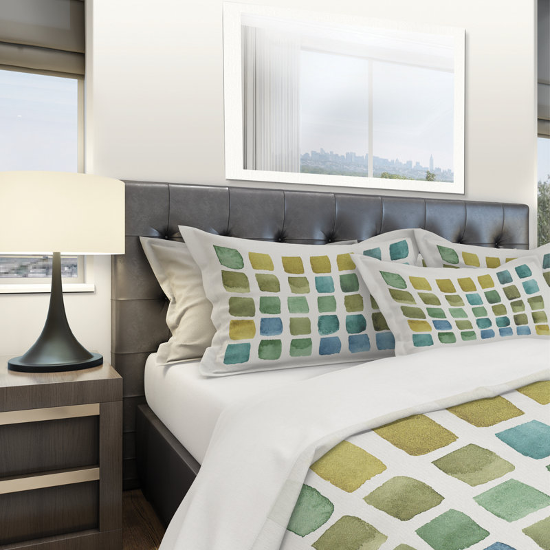 Ensemble de housse de couette transitionnel géométrique en bleu et vert, Housse simple + 1 taie décorative