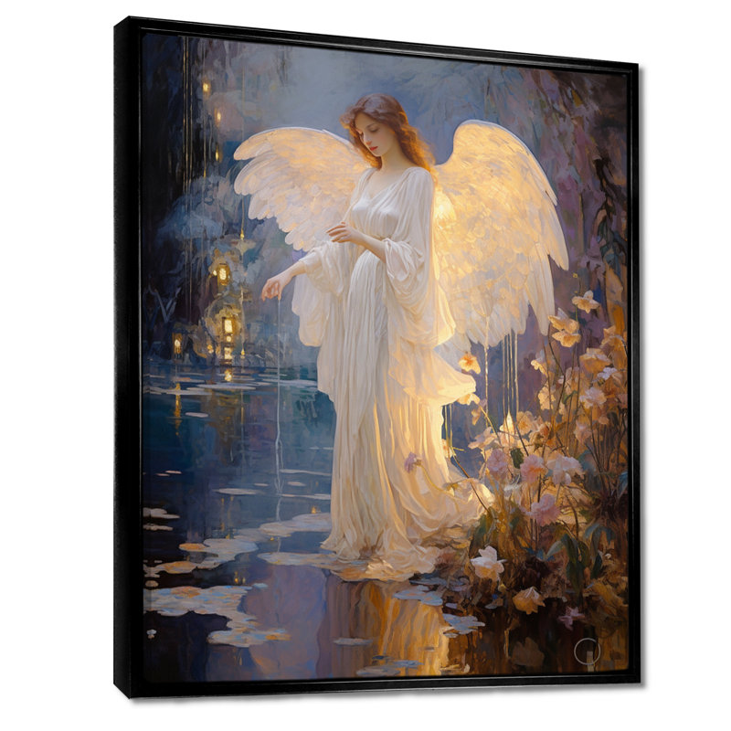 «Glorious Angel Magic Forest Night - Wings Angel», art mural, Cadre flottant noir, H 32 po x l 16 po