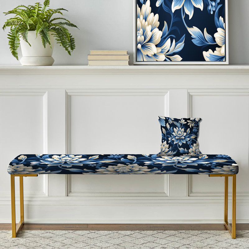 White And Blue Symmetrical Damask - Damask Upholstered Gold Bench