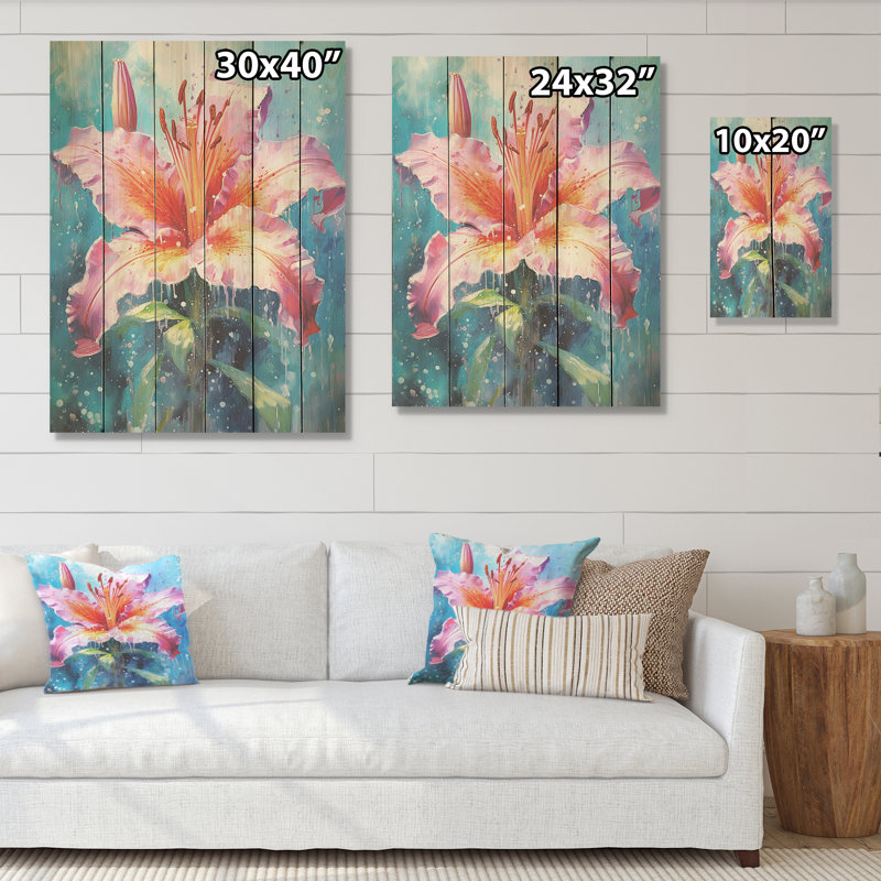 Aquarelle, fleur de lys corail, tranquillité - lys, art mural sur bois de pin naturel, H 20 po x l 10 po