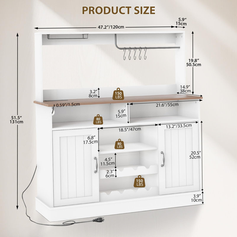 Armoire-bar 47,2 po Farmhouse avec prises de courant, grande armoire-buffet avec porte-bouteilles, porte-gobelet, 5 crochets, armoire et table basse pour la cuisine et le salon, blanc