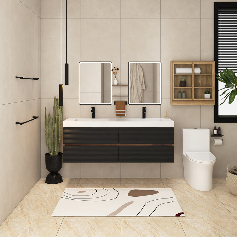 Ensemble de meuble-lavabo double 60 po avec surface solide 60 po, Noir/noyer, 60"
