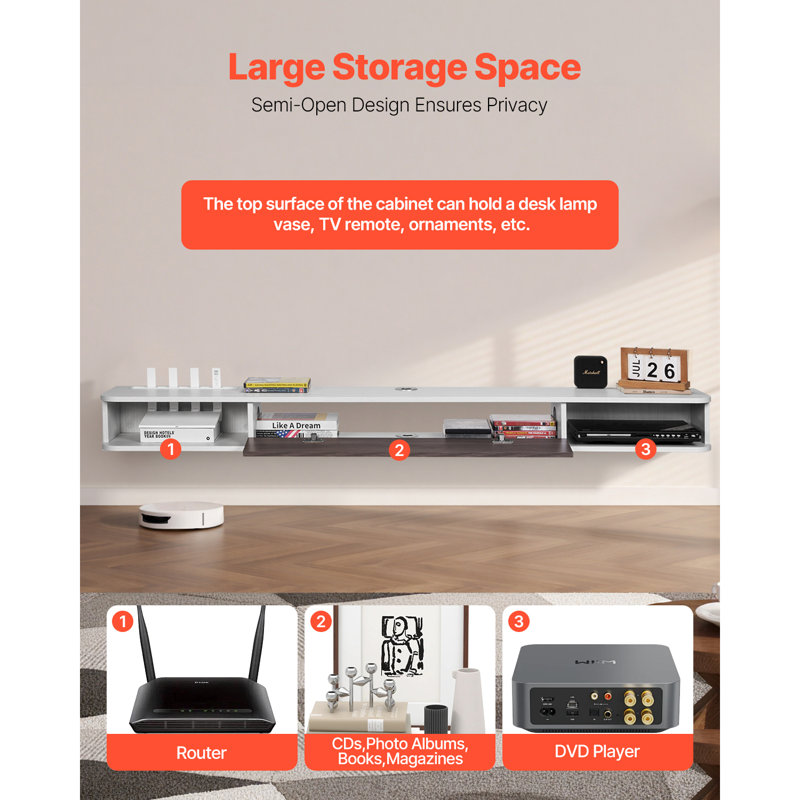 Floating TV Stand, Wall Mount Entertainment Centre with Cable Hole, Modern Floating TV Shelf with Storage Cabinet, Particle Board Console for DVD Player, Cable Box, Game Console, White