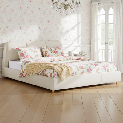 Linen Blend Fabric Platform Bed, Upholstered Bed Frame with Solid Wood Legs