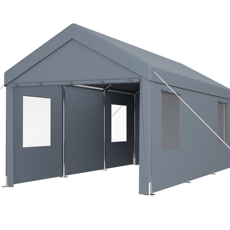 Abri d'auto portatif robuste 10 X 20, avec auvent en PE, 2 portes, 4 fenêtres d'aération, gris pour le véhicule et l'équipement Cadre de garage 10 pi x 20 pi et diverses utilisations
