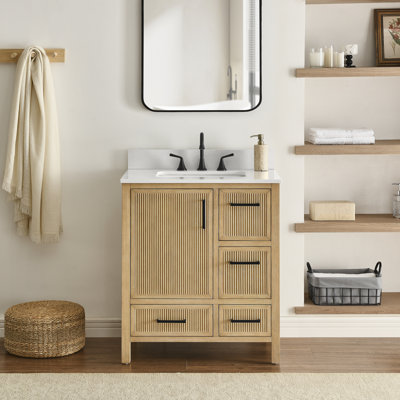 Lineberger 30'' Bathroom Vanity In Fluted Baltic Birch Finish With Carrara White Engineer Stone Countertop