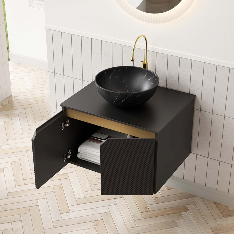 Meuble-lavabo mural en contreplaqué flottant avec portes décoratives et cuve en céramique artistique, Bol
