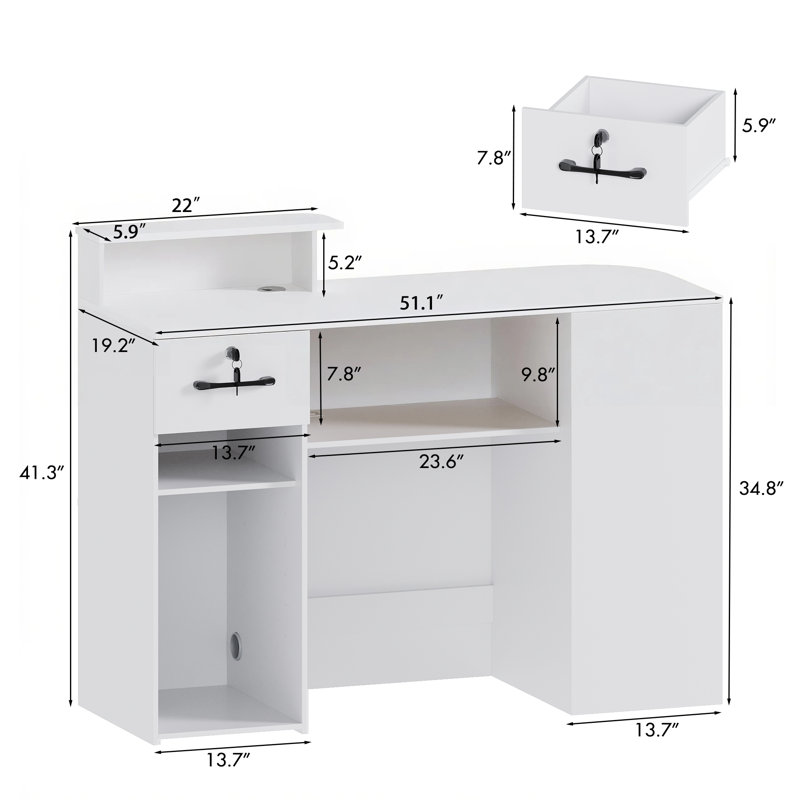 Modern Reception Desk with Open Shelving, Lockable Drawers and Built-In Power Outlets, White