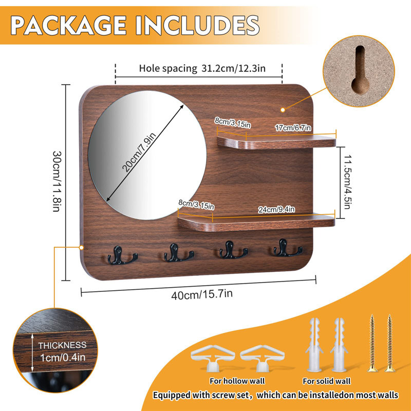 Rustic Wall Mounted Coat Rack with Shelf, Mirror and 4 Double Hooks