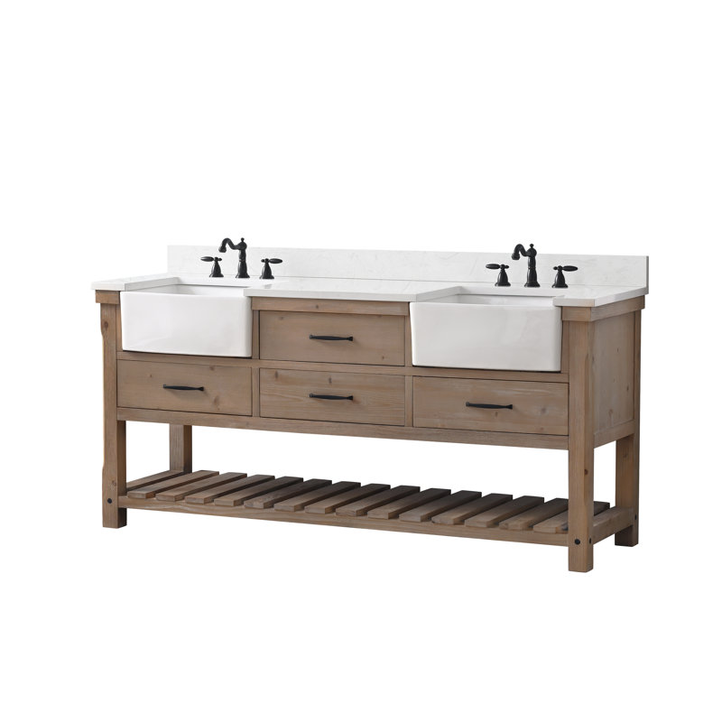 Curiel 72'' Double Bathroom Vanity with Engineered Stone Top, Weathered Natural/Matte Black