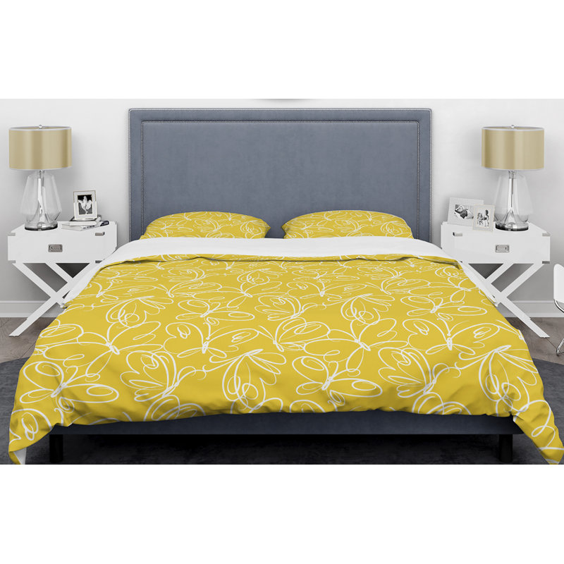 Yellow Butterfly Hand Drawn Twin Duvet Cover Set