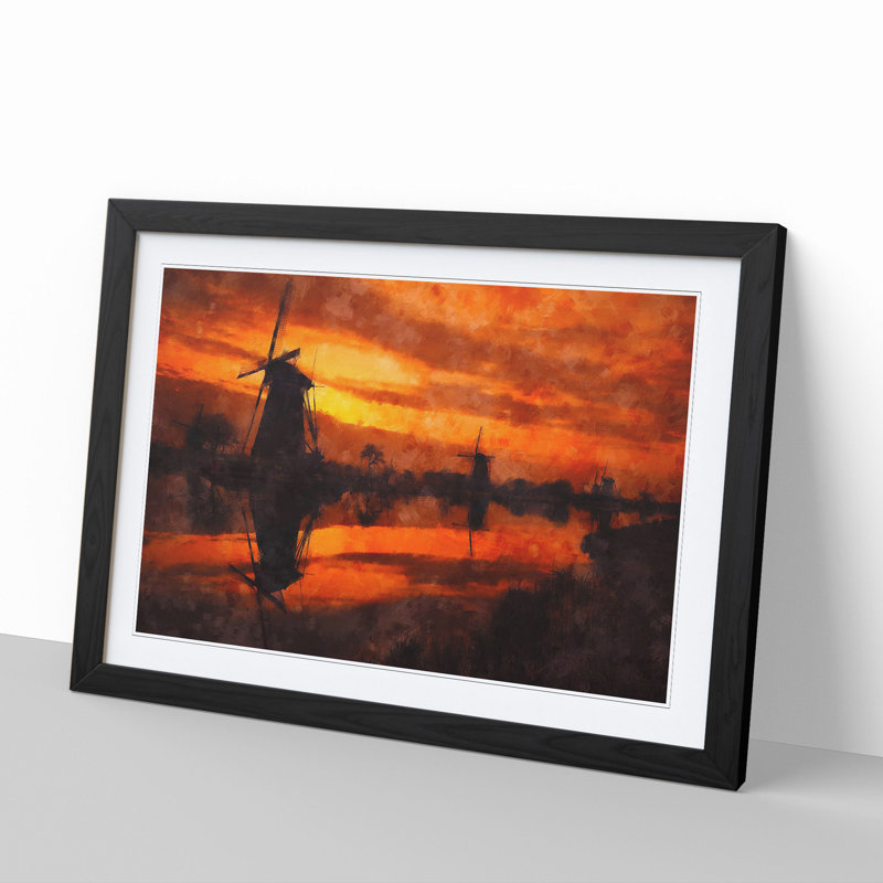 Windmill at Sunset Vol.2 - Picture Frame Painting, 48cm H x 65cm W x 2cm D, Black Framed