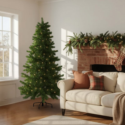 6’ Pre-Lit Full Christmas Tree, Artificial Green W/ 565 Branch Tips, White Lights, Fire-Resistant PVC, Foldable Metal Stand