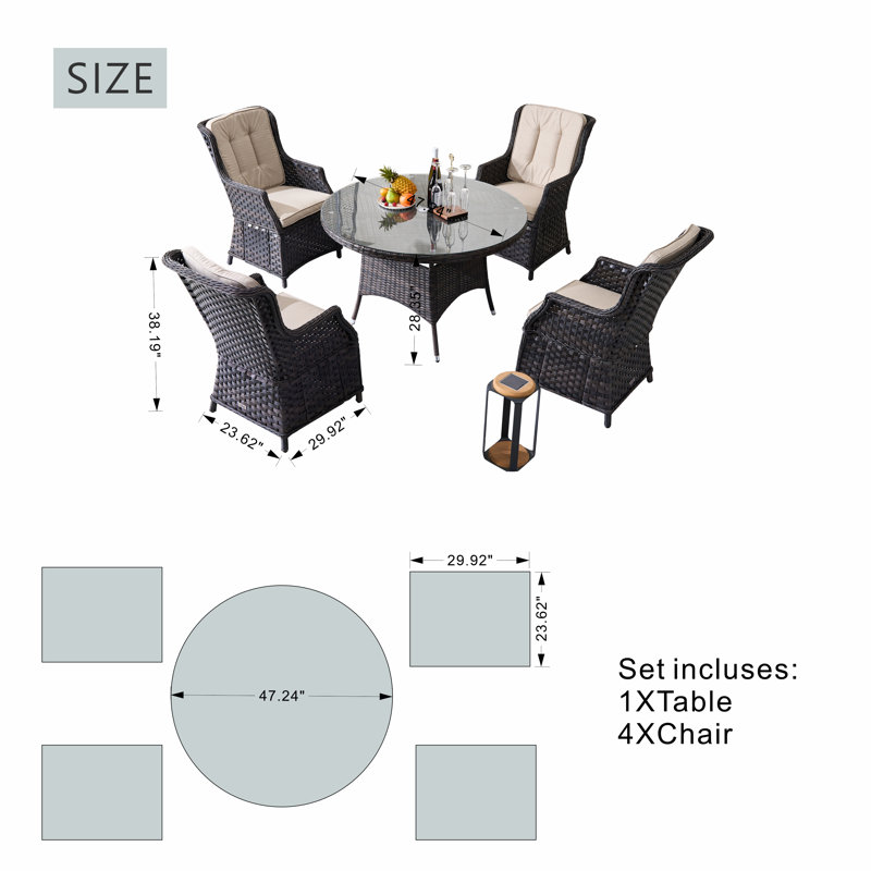 Ensemble repas rond extérieur avec coussins, 4, Beige/brun