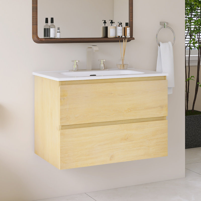 Meuble-lavabo mural simple avec comptoir intégré en céramique blanche, 30", Chêne