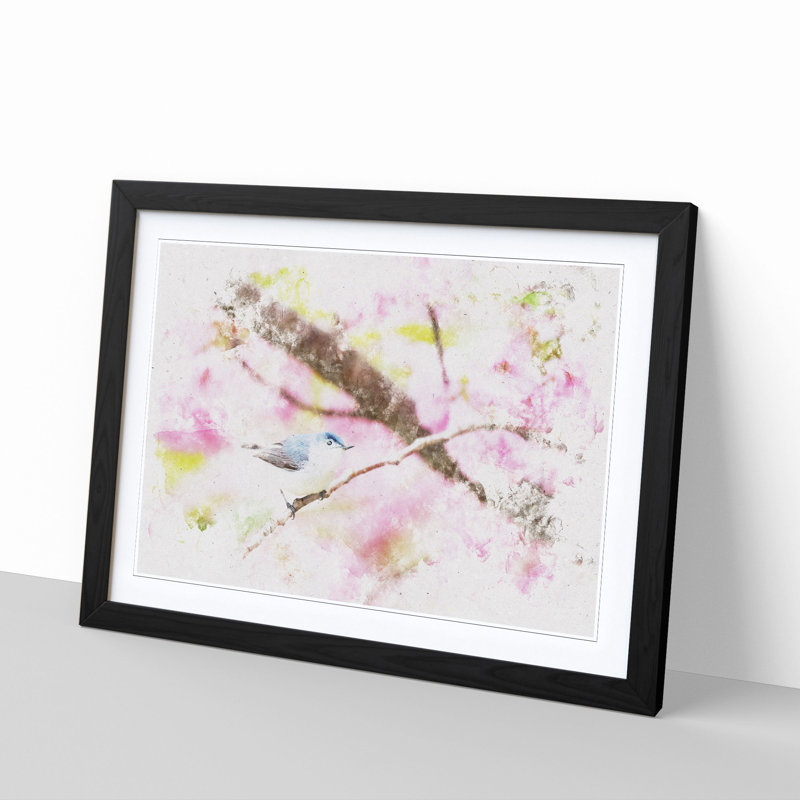 Bird in the Cherry Blossom Tree Watercolour - Picture Frame Graphic Art Print, 40cm H x 60cm W x 2cm D, Black Framed