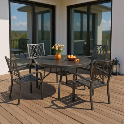 47" Wood-Grain Patio Table with Umbrella Hole & 4 Stacking Chairs - 5-Piece Rustproof Outdoor Set