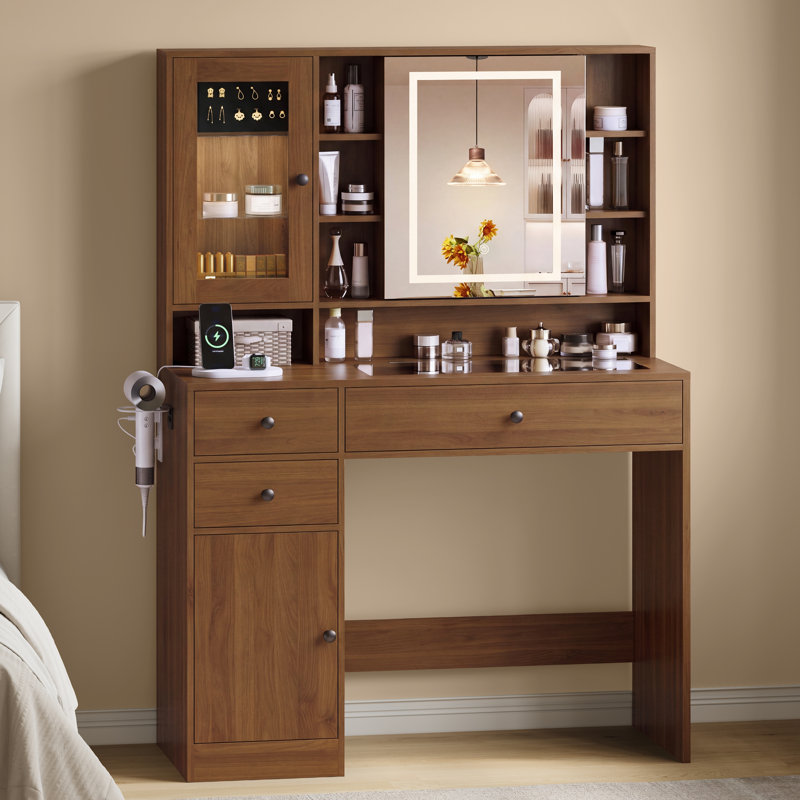 Bureau de coiffeuse avec miroir et lumière, Noyer