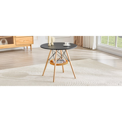 31.5-inch diameter circular dining table, black MDF vacuum formed tabletop, solid wood legs, with suspended woven storage basket structure. A casual coffee table suitable for 2-4 people.