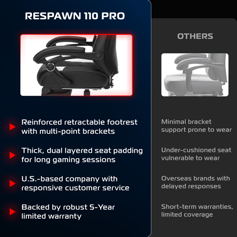 RESPAWN 110 Pro Ergonomic Gaming Chair with Footrest for Adults - Comfortable Office Gaming Recliner with Lumbar Support and Headrest, Racing Style Video Game Chairs for Computer Gamer