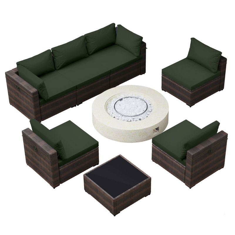 Ensemble de conversation de patio en rotin 8 pièces avec coussins et table de foyer d'extérieur de 42 pouces, Vert pin