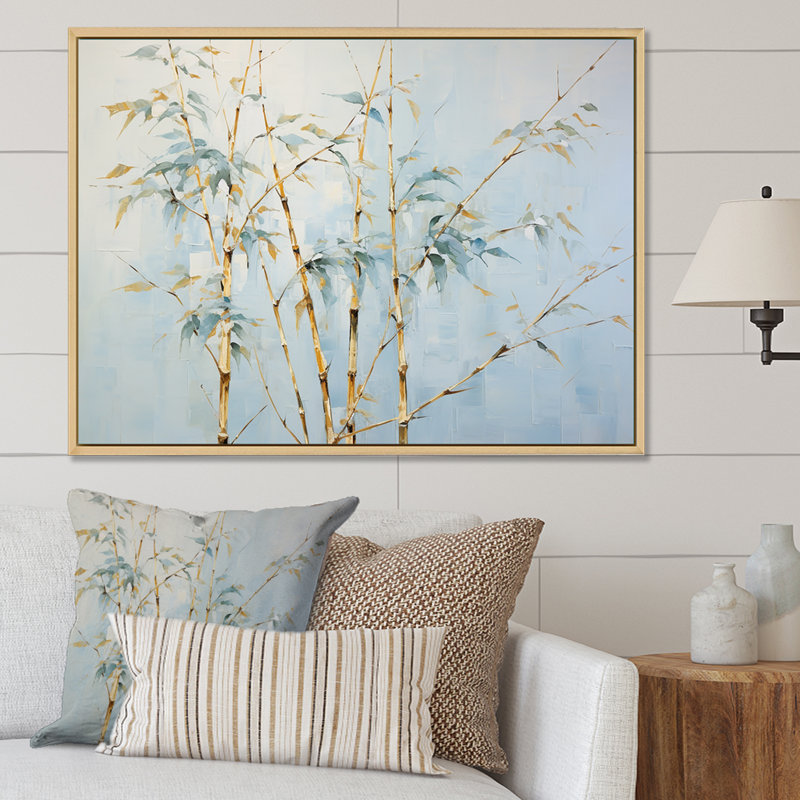 «Blue Zen Moment», art mural en bambou, H 16 po x l 32 po x P 1 po, Cadre flottant blanc