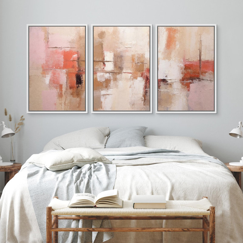 Formes abstraites de style grunge moderne à motif de coups rouges modernes 3 pièces, H 24 po x l 48 po, Cadre flottant blanc