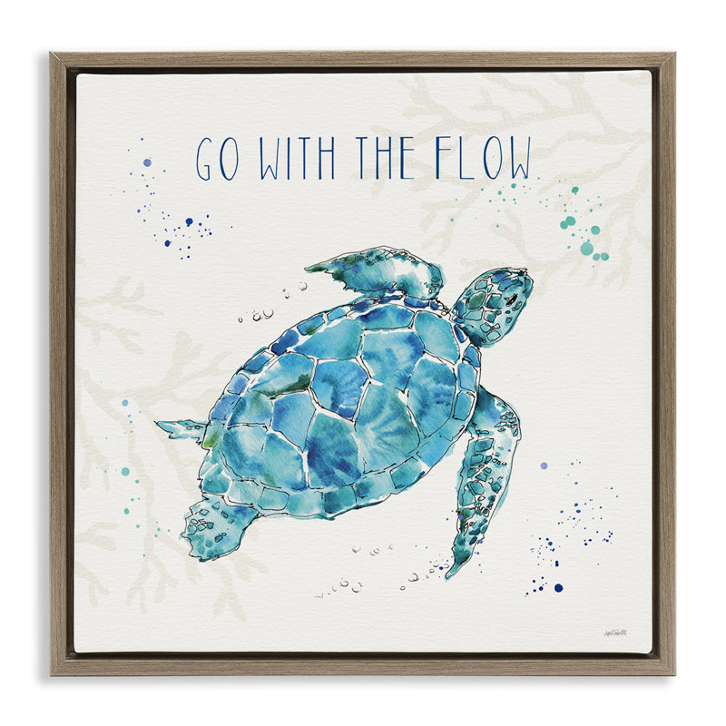 «Go with the Flow Turtle Tortoise», art mural encadré par Anne Tavoletti, H 25 po x l 25 po, Cadre flottant orme Montalcino
