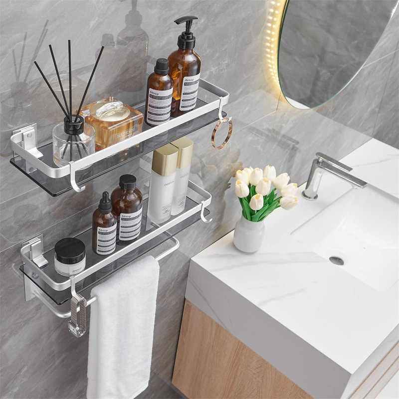 Tablette en verre pour salle de bain Tablettes de salle de bain noires avec barre à serviettes Tablette murale de salle de bain avec 4 crochets amovibles