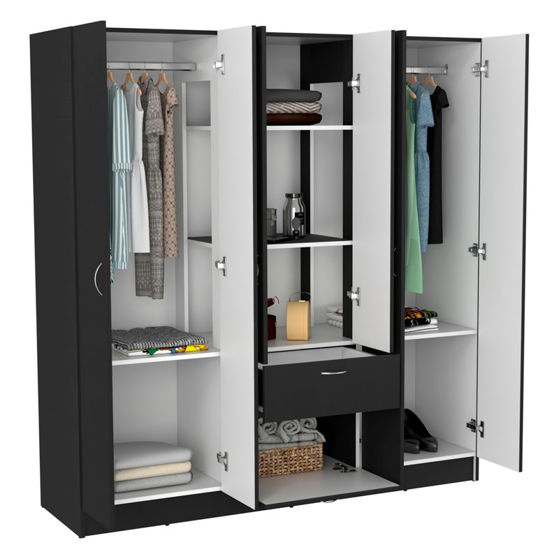 Armoire à six portes Mitu, sept tablettes intérieures, un tiroir, tringle noire / blanche