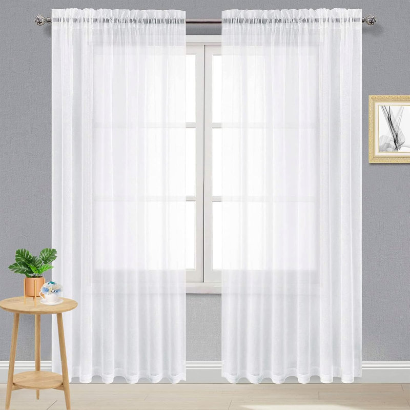 2 Panels White Sheer Curtains, Elegant Rod Pocket Solid Color Window Treatments, Home Decor Voile Sheer Drapes with Light Through for Bedroom/Living Room