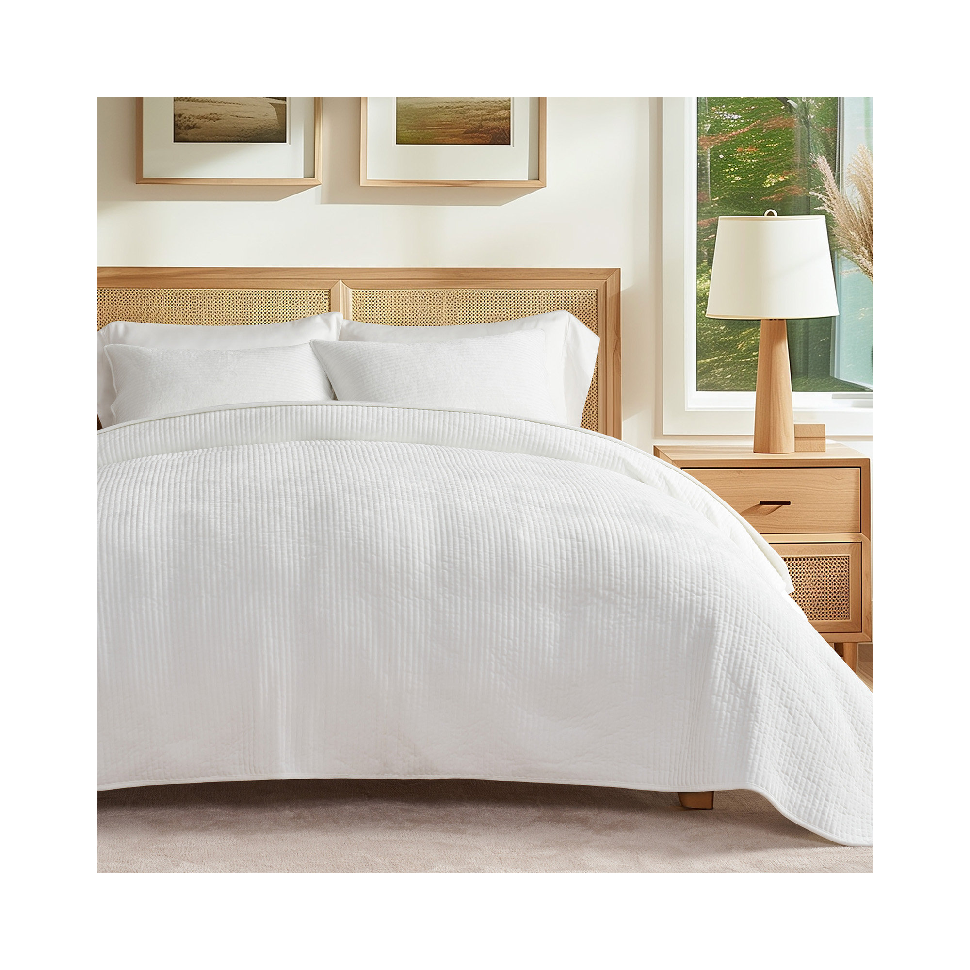 Striped Channel Velvet Quilt Set, Queen, White