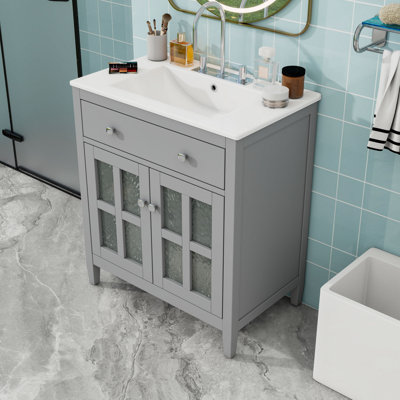 Compact Freestanding Bathroom Vanity with Textured Glass Door, Ceramic Sink and Adjustable Shelf