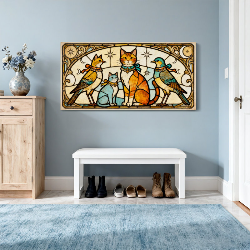 Motif de chats et d'oiseaux en vitrail tendance, H 20 po x l 40 po