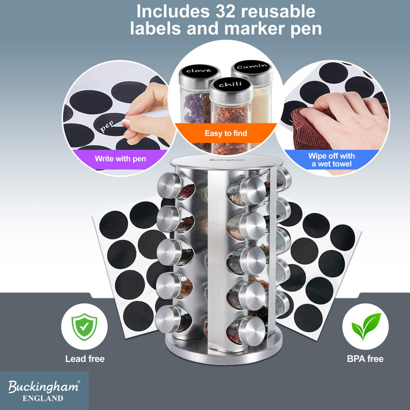 Buckingham Stainless Steel Rotating Spice Rack including Glass Jars 