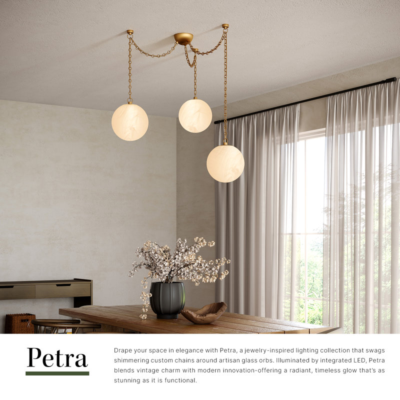 Petra 3 Light Black dimmable LED Chandelier, Antique Brass, 12-in