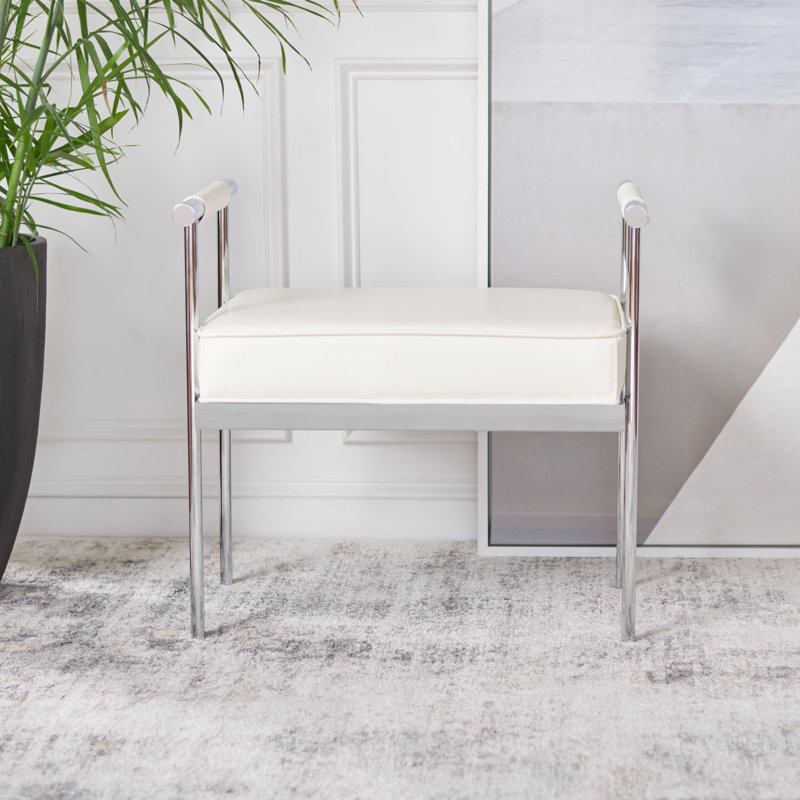 Alishia Faux Leather Upholstered Bench, White/Chrome, 24.75" H x 25.25" W x 17.25" D