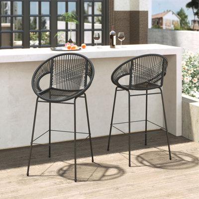 Outdoor Patio Black Faux Wicker Barstool, Set Of 2