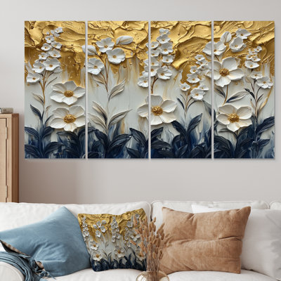 Fleurs blanches et dorées, fleurs sauvages III - Art mural fleurs sauvages - Art mural traditionnel