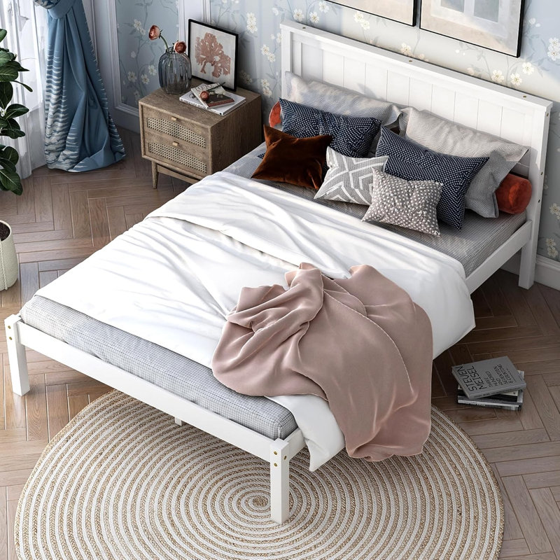 Base de lit plateforme avec tête de lit, Simple, Blanc