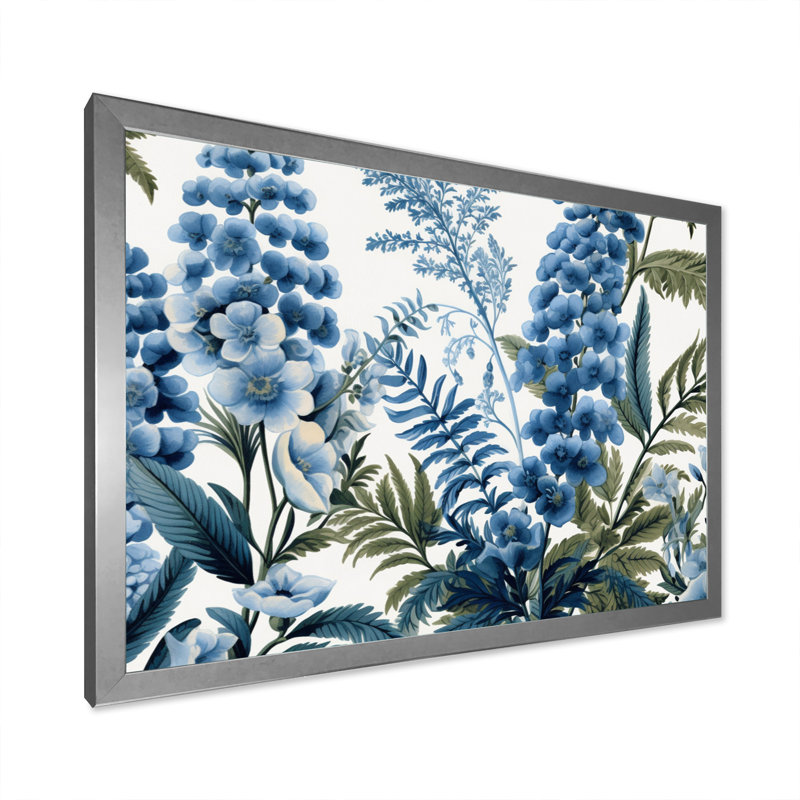 Fleurs de fougère bleues et vertes sur toile, H 24 po x l 32 po x P 1 po, Cadre photo argenté