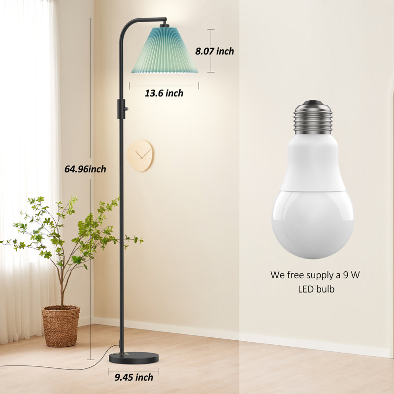 Pepin Arched Floor Lamp With Remote Control, 1000 Lumens LED Edison Bulb Included and Pleated Fabric Shade, Green