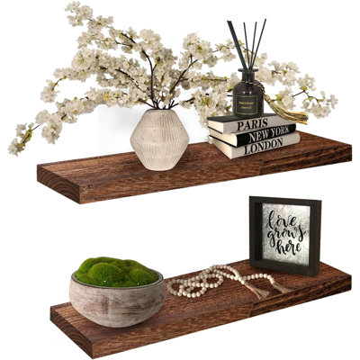 Rustic Wood Floating Wall Shelves, 24 Inch Wide, Set Of 2 - Easy Install, Wall Mounted For Bathroom, Bedroom