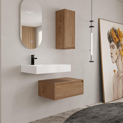 30 Inch Wall-Mounted Bathroom Vanity With Resin Sink And Side Cabinet,Soft Close Drawer