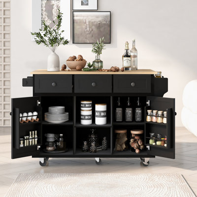 Chariot de cuisine avec comptoir à abattants en bois d'hévéa, supports de rangement internes pour porte d'armoire, îlot de cuisine sur 5 roulettes avec armoire de rangement et 3 tiroirs pour la salle à manger
